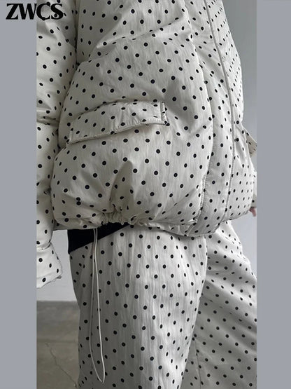 Polka Dots Hooded Cotton Coats Trousers Set 2026 Winter Loose Zippers Drawstring Jacket Elastic Waist Pants Women's Warm Outfits