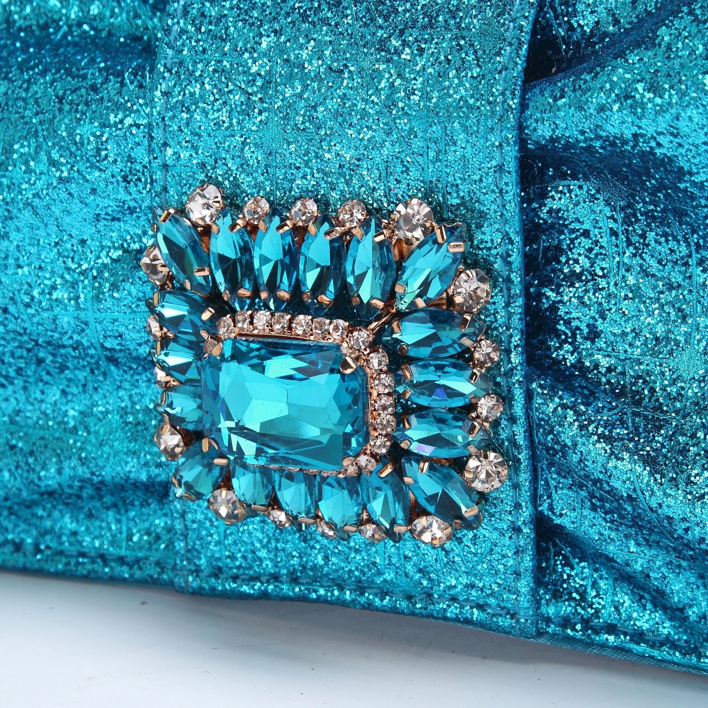 Women High Heels Sandals Shinning Material with Rhinestone Italian Design T.Blue Color Pointed Toe Shoes and Bags Set