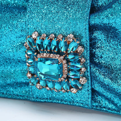 Women High Heels Sandals Shinning Material with Rhinestone Italian Design T.Blue Color Pointed Toe Shoes and Bags Set