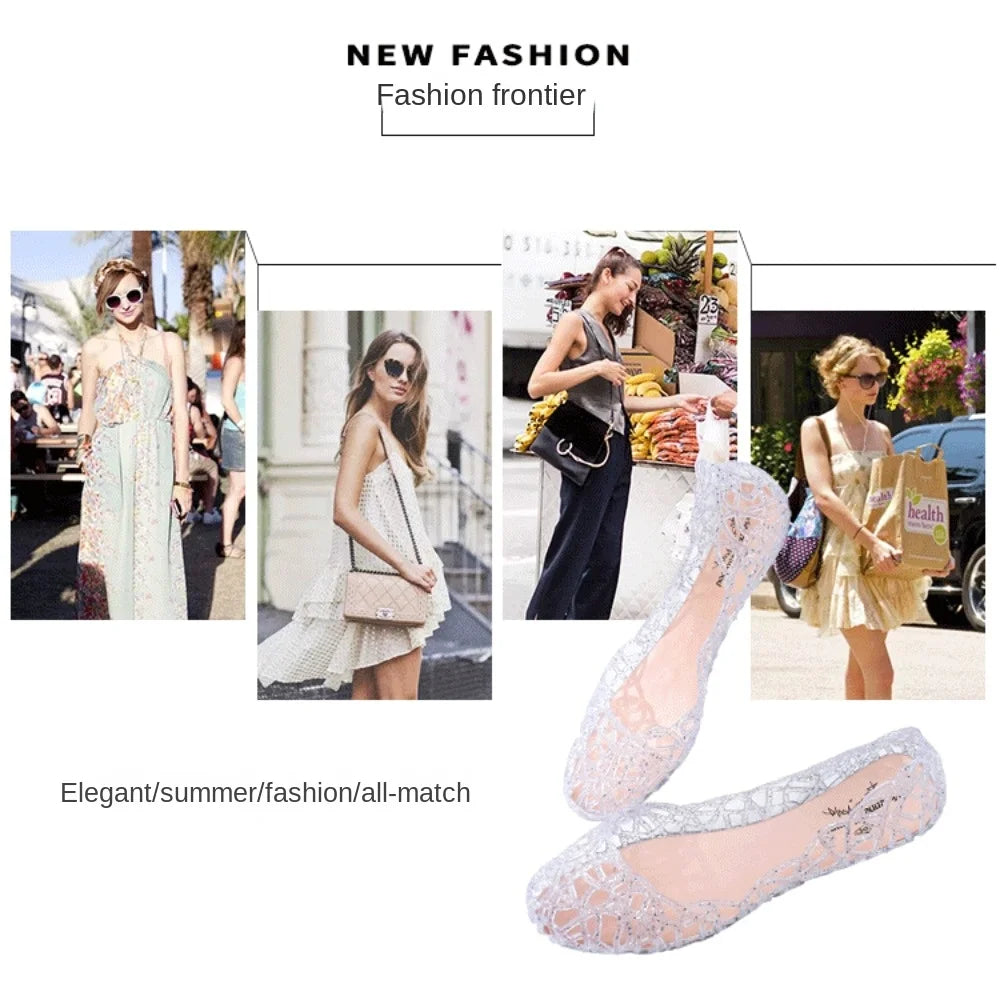 Comfortable Flat-soled Women Sandals Clear Shallow Mouth Beach Jelly Shoes Breathable Hollow Out Bling Sandals Footwear