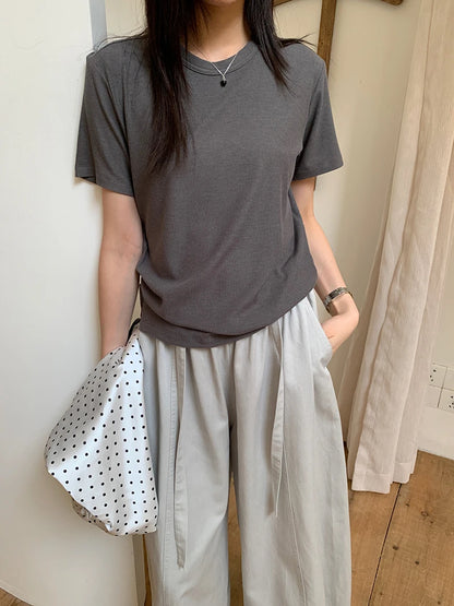 RZIV Summer women's casual solid color round neck short sleeved T-shirt