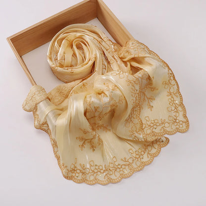 Luxury Sequin Floral Hijab Shimmer Shawl Glitter Shiny Headscarf Elegant Muslim Head Scarf for Wedding Soft Flowy Lace Edge