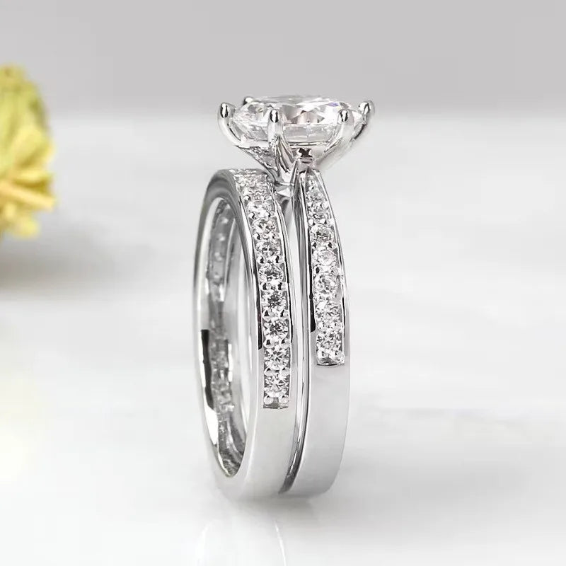 925 Sterling Silver Bright 6 Claws Cubic Zirconia Rings Set for Women Elegant Gorgeous 2Pcs/Set Wedding Band Jewelry Trendy