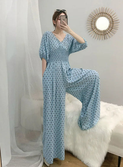 Jumpsuit Women Summer New Temperament Polka Dot V-neck High Waist Casual Wide Leg Jumpsuit Elegant Party One Piece Jumpsuits