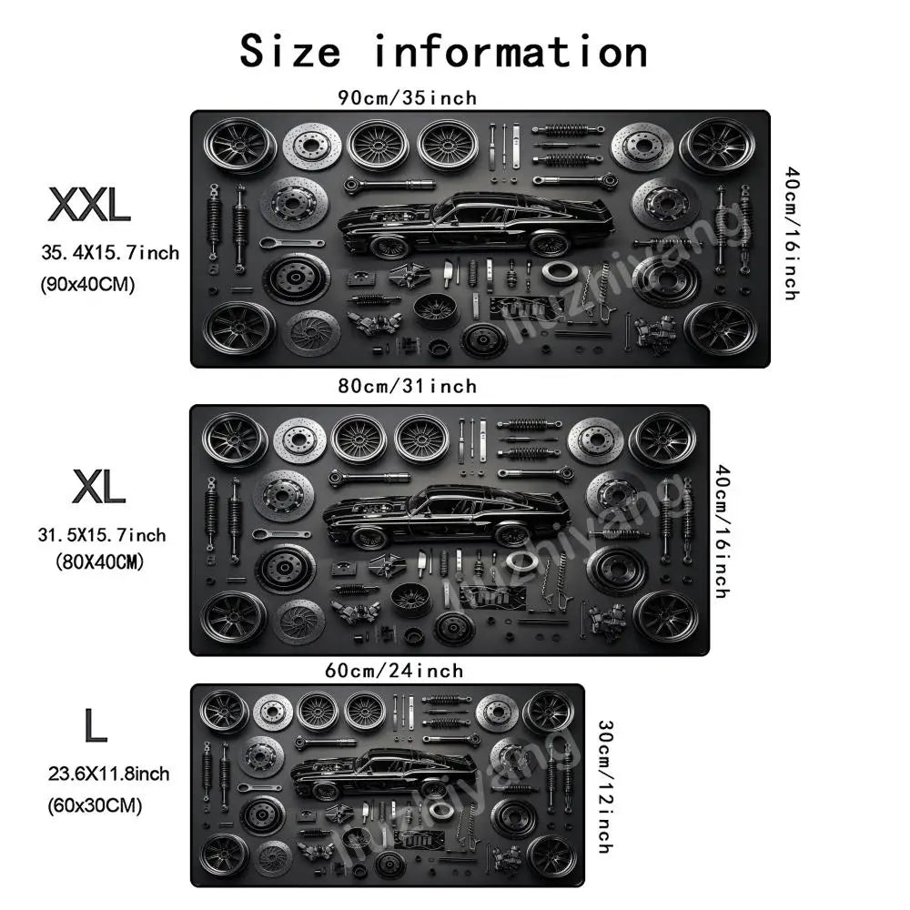 Car Parts Assembly Large Mouse Pad Retro Muscle Car Black Metal Texture Desk Mat Gaming Keyboard Pad Non-slip Office Table Mat