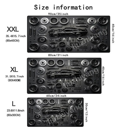 Car Parts Assembly Large Mouse Pad Retro Muscle Car Black Metal Texture Desk Mat Gaming Keyboard Pad Non-slip Office Table Mat