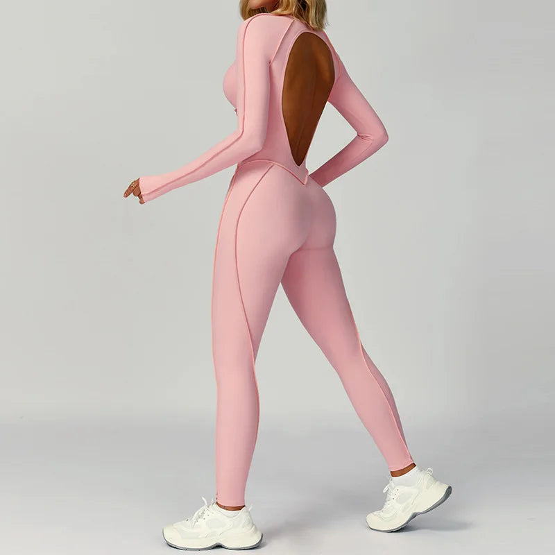 Sexy Hollow Back Long Sleeve Yoga Jumpsuit Women Quick Dry One-piece Yoga Suit Gym Training Leggings Playsuit Slim Fit Bodysuits