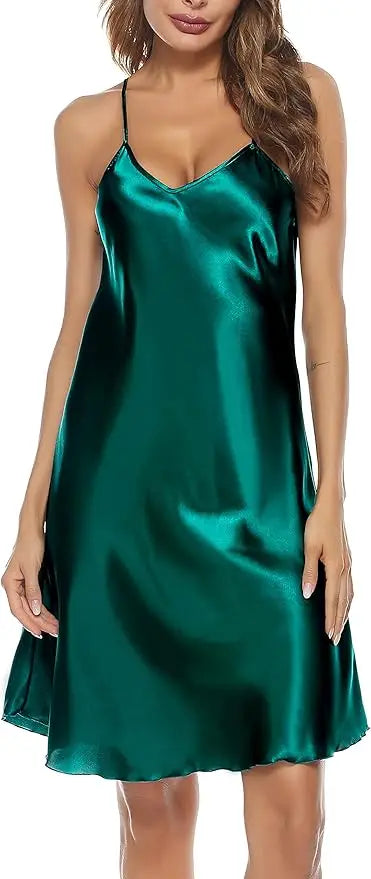 Women's Sexy Silk Satin Night Dress Sleeveless Nighties V-neck Nightgown Nightdress Plus Size Sleepwear Nightwear