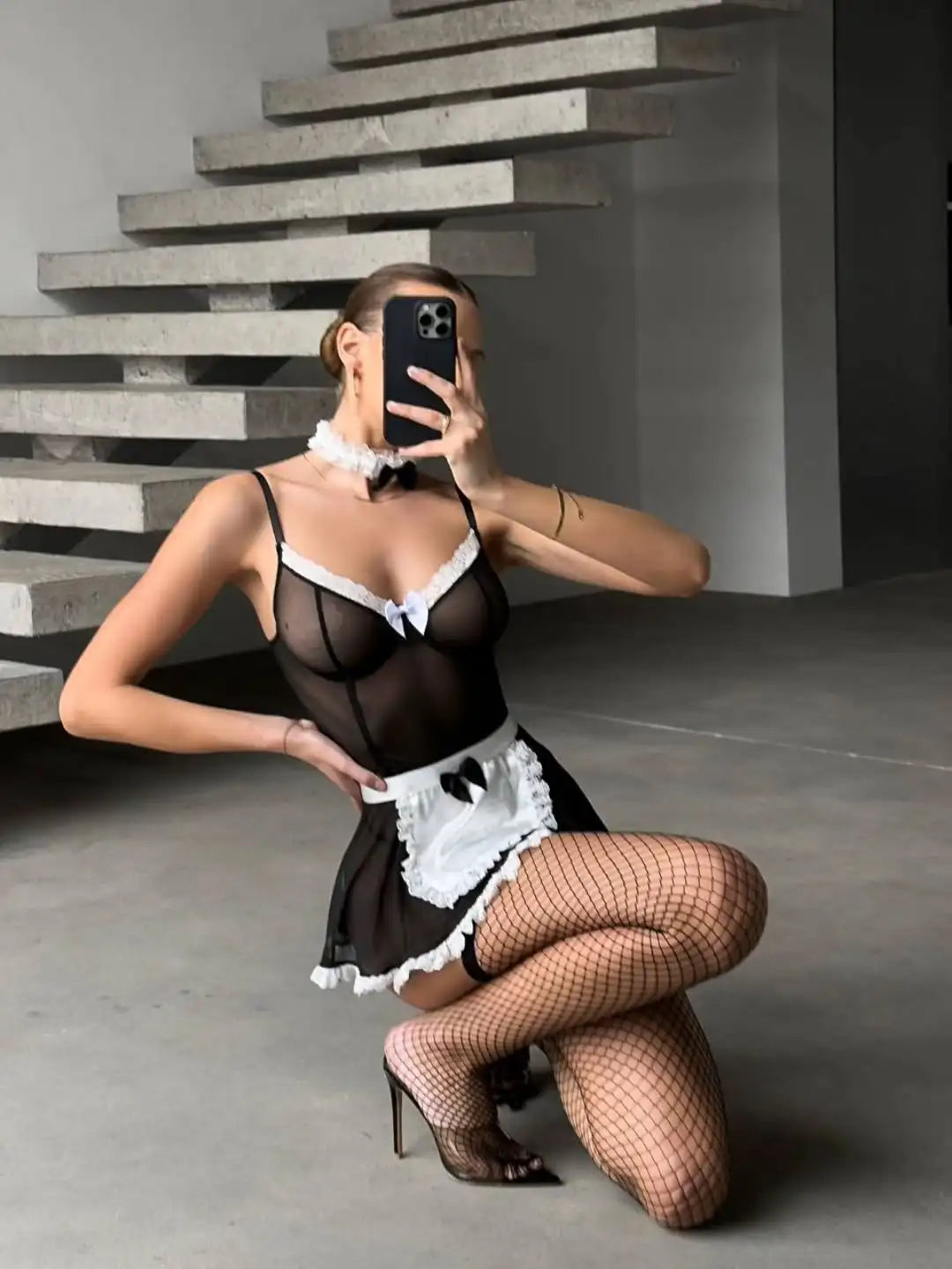 Ellolace Cosplay Women's Lingerie Sets Maid Sexy Mini Dress 6PC Cute Bowknot Women's Casual Dresses Intimate Masquerade Costume