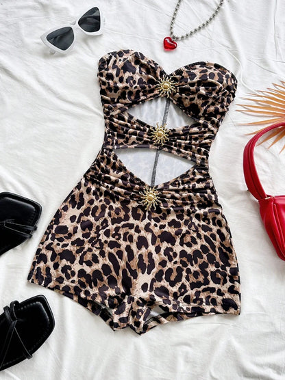 Women's Classic Retro Leopard Print Jumpsuit with Metallic Accessories, Suitable for Vacations, Parties, Dates, Afternoon Tea, M
