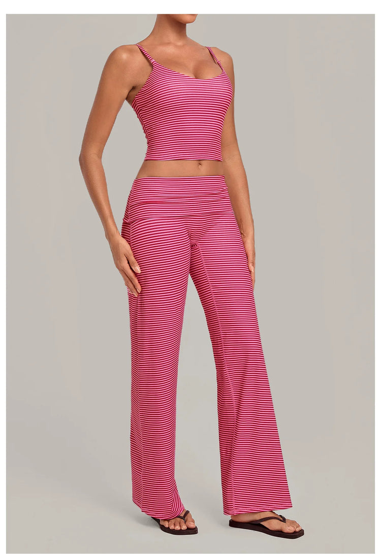 2PCS Stripes And Polka Dots Yoga Suit Women Tracksuits Sports Outfits Gym Clothes Breathable Sports Bra Fitness Flared Pants Set
