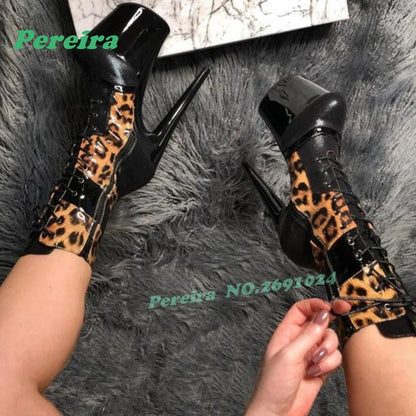 Leopard Print Platform Ankle Boots Round Toe Stiletto High Heels Lace-Up Women's Boots Patchwork Winter Casual Shoes Luxury