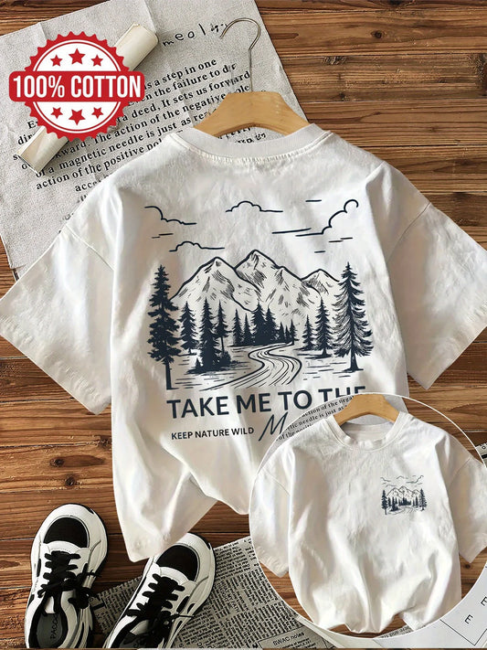 100% Cotton Women's T-Shirt Mountain Landscape Graphic Tee with "Take Me To The Wild" Slogan Casual Everyday Shirt Woman Girls