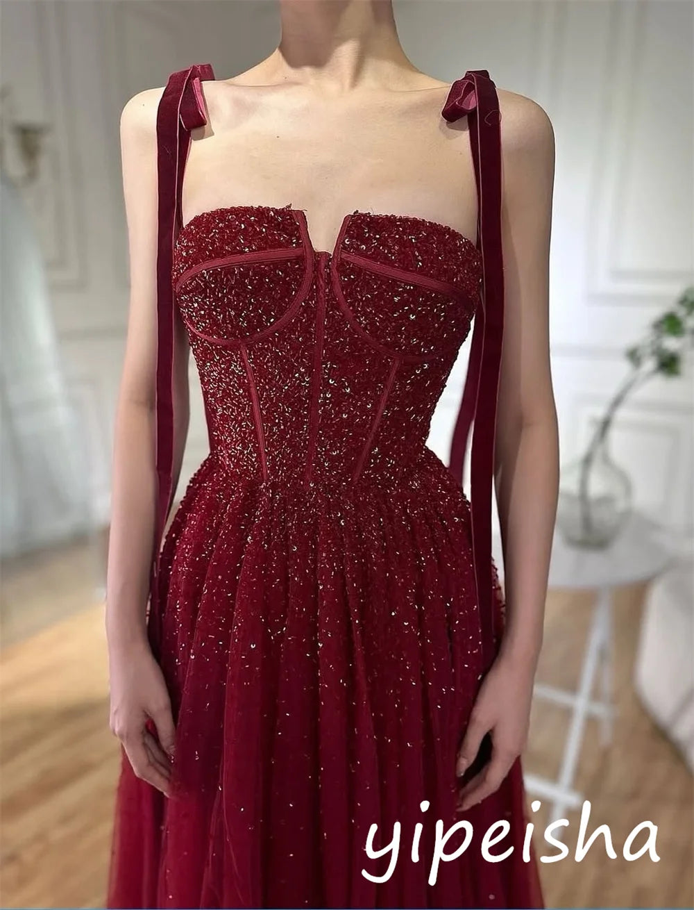 Customized Modern Style Net Sequined Pleat A-line Square Neck Long Dresses Bespoke Occasion Sparkle Casual