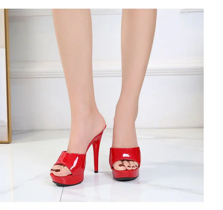 13CM Woman Slippers Mule Patent Leather Sandals Sexy Fashion Slides Party Shoes for Women Luxury Black Summer Platform Sandals