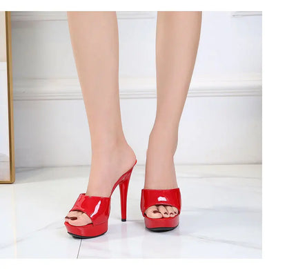 13CM Woman Slippers Mule Patent Leather Sandals Sexy Fashion Slides Party Shoes for Women Luxury Black Summer Platform Sandals
