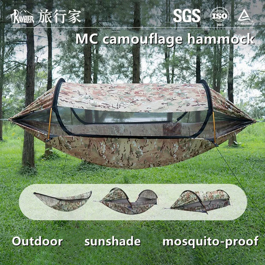 2025 TRAVELER NEW MC Camo Hammock Tent Set with Mosquito Net & Sunshade - Anti-Roll Design for 1-2 Person Outdoor Camping
