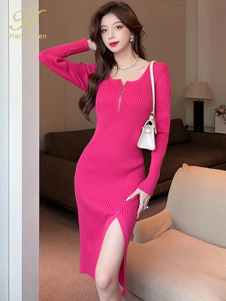 H Han Queen Sheath Pencil Dress Women Simple Zipper Sexy Split Elastic Knitted Sweater Autumn Casual Bottoming Party Dresses