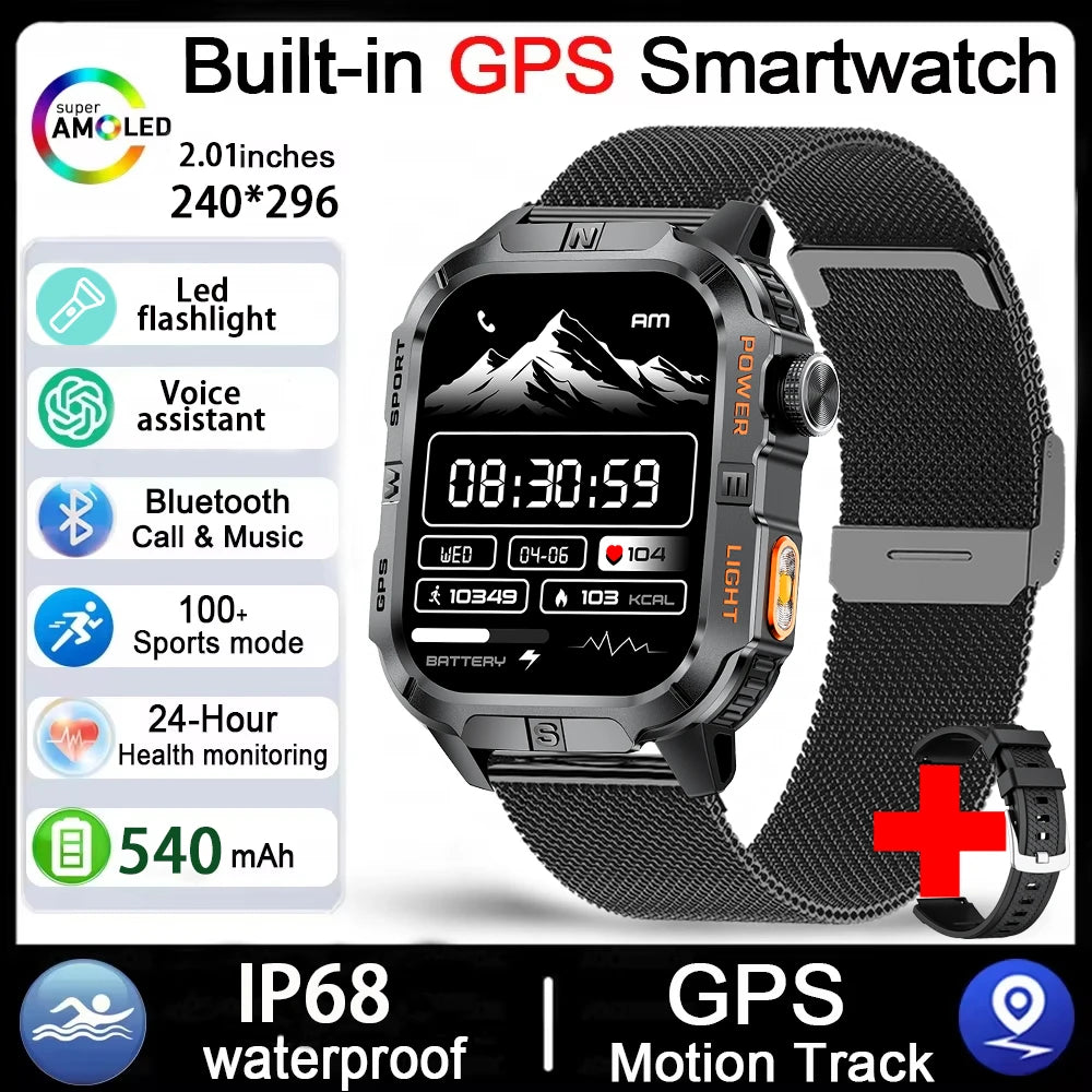2026 New Outdoor Military Men's Smartwatch Is Equipped With GPS LED Lighting, A Compass, Wireless Communication, IP68 Waterproof