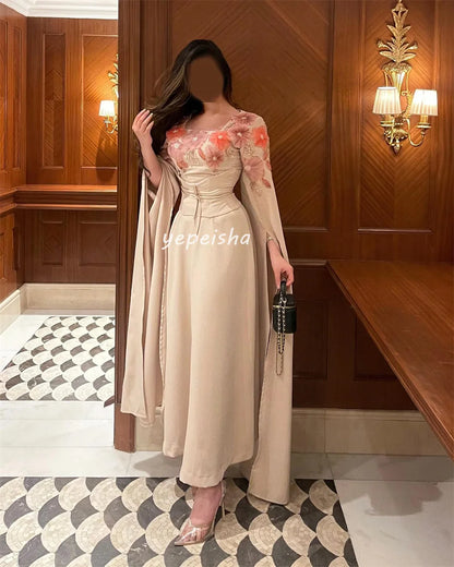 Customized Intricate Matching Jersey Sash Flower Beading Pleat Straight Square Neck Midi Dresses Bespoke Occasion Dresses Retro