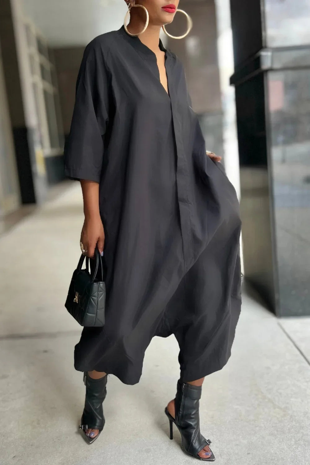 Women Plus Size Jumpsuit Business Casual Black Shirt Collar 3/4 Sleeve Pocket  Harem Pants Rompers Single Breasted Loose Outfits
