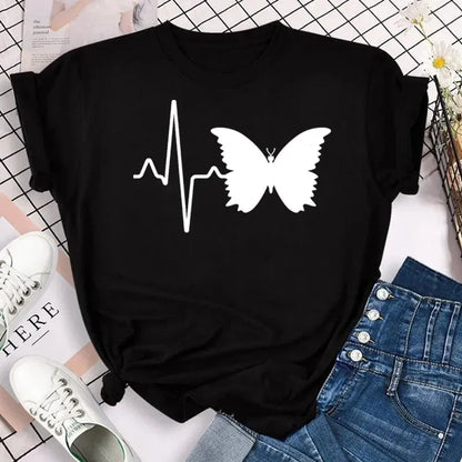 New Fashion Women T-shirt Colorful Butterfly Petal Print Short Sleeve and Round Neck Cute Graphic Tee Shirts Female Tops Clothin