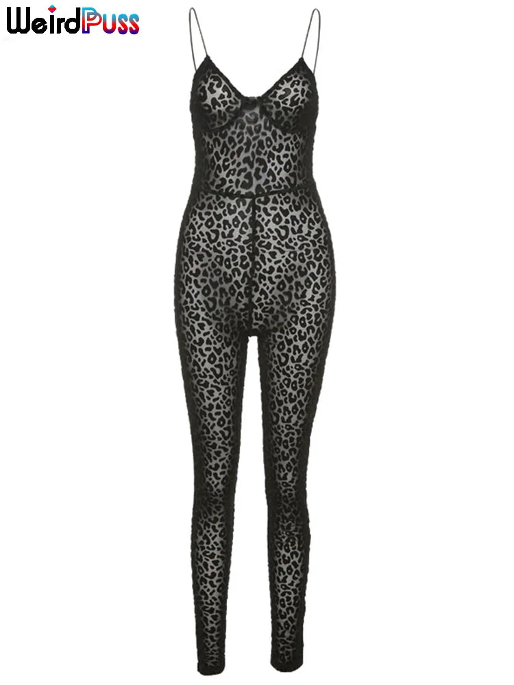 Weird Puss Leopard Print Sexy Skinny Women Jumpsuit Sleeveless Backless Fit Workout Activewear Party Nightclub Stretch Outfits