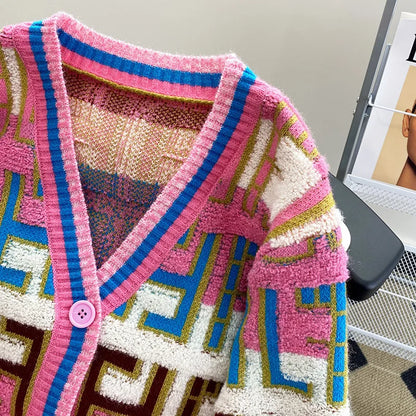 Rainbow V-Neck Knit Sweater Autumn Winter Japanese Retro Color Block Open Cardigan Women's Design Sensation Niche Soft Outerwear