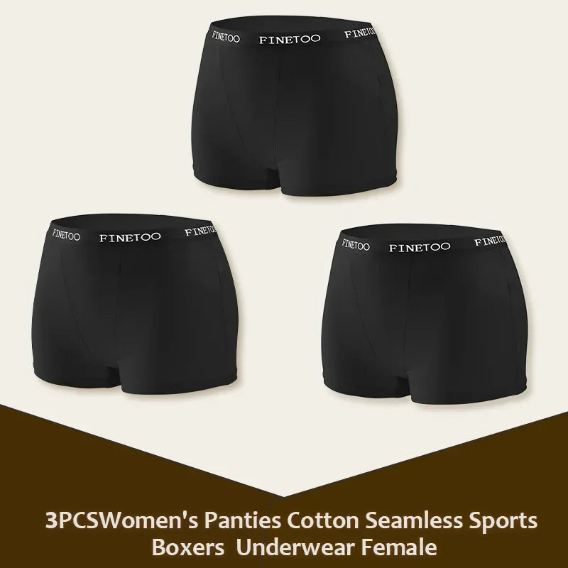 3Pcs Women's Cotton Boxers Panties Seamless Sports Underwear Female Solid Color Briefs Lingerie Intimate Underpant Finetoo S-XXL