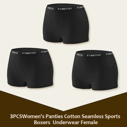3Pcs Women's Cotton Boxers Panties Seamless Sports Underwear Female Solid Color Briefs Lingerie Intimate Underpant Finetoo S-XXL