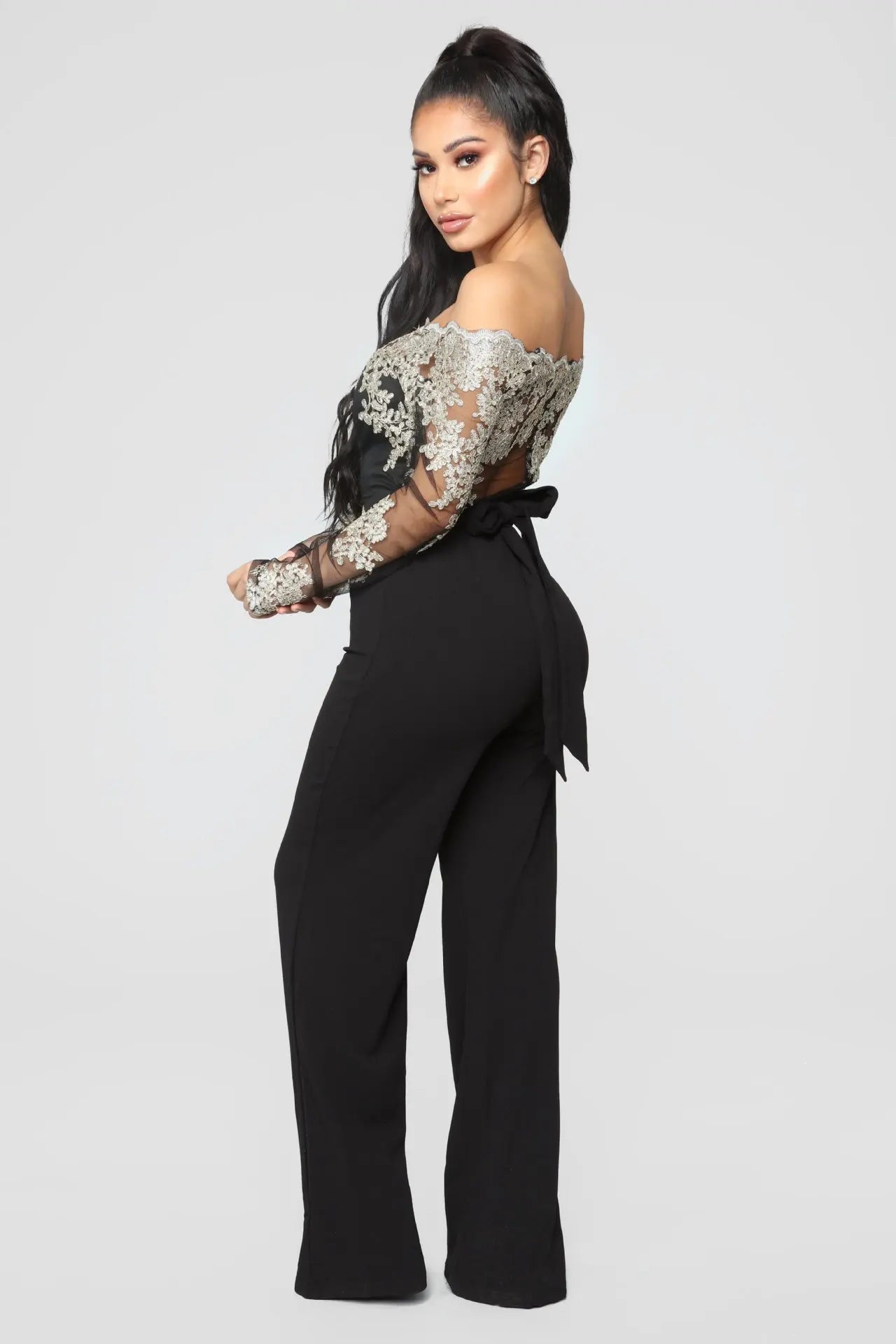 Womens Elegant Off Shoulder Long Pants Wide Leg Jumpsuits Floral Embroidery Lace See Through Cocktail Club Party Evening Rompers
