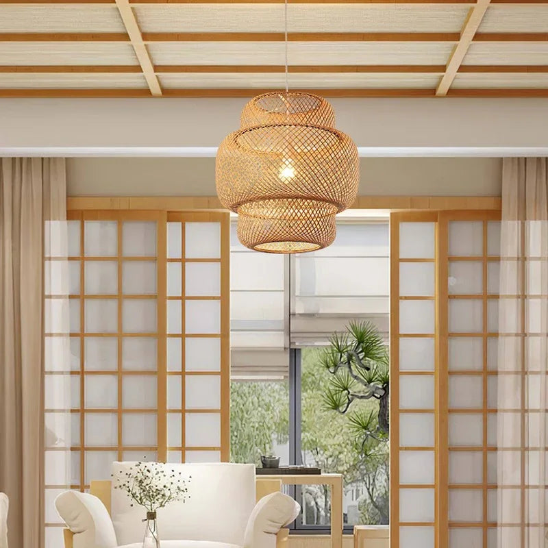 Bamboo Pendant Lights Hand Woven Ceiling Weaving Chandelier Lamp Rattan Wicker Hanging LED Fixtures Home Bedroom Bamboo Art Lamp