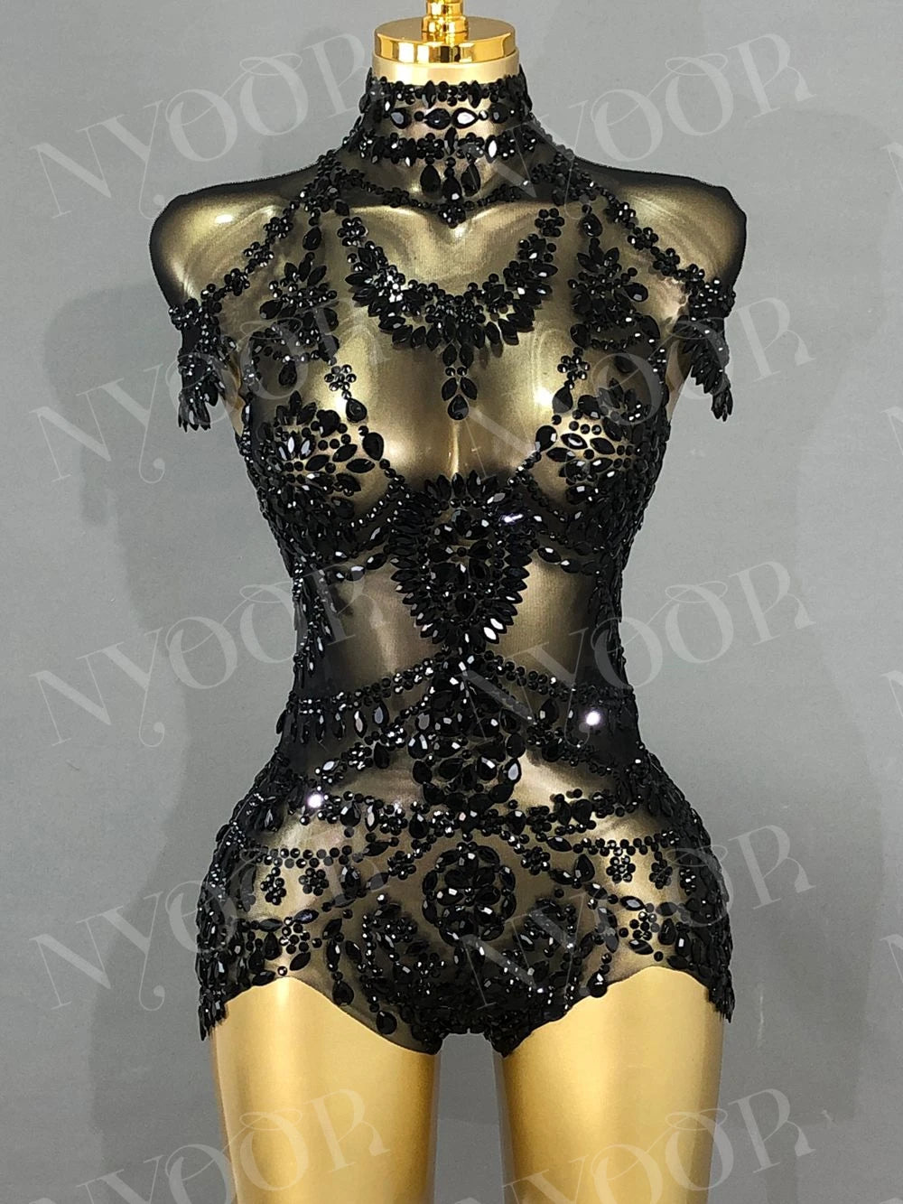 Sparkly Rhinestones Bodysuit for Women Sexy Mesh Transparent Performance Dance Costume Singer Dancer Show Stage Wear
