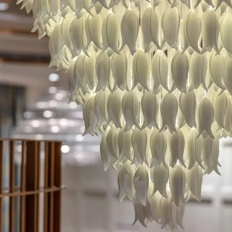 Luxury Crystal Staircase Chandelier for Stairsway Loft Ceramic Flowers Ceiling Chandelier for High Ceiling Villa Hotel Lobby