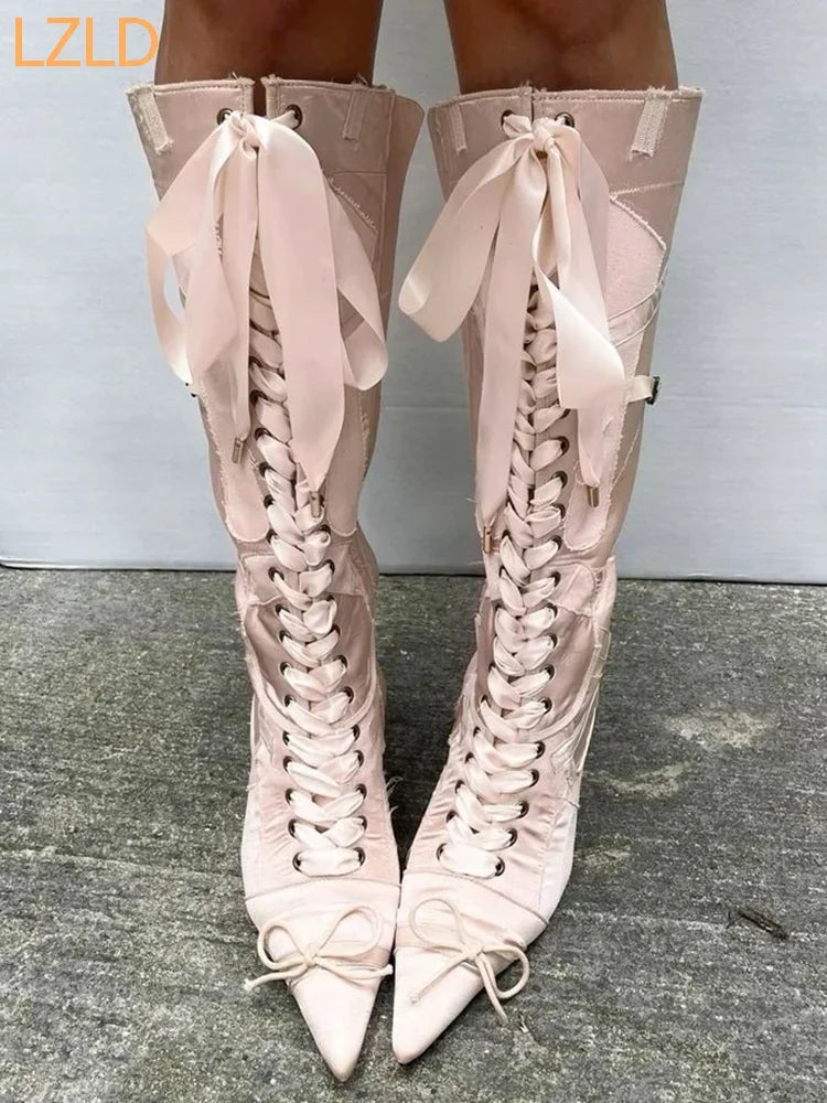 Sweet Pointed Straps Party Catwalk Knee Boots 2025 New Bowknot Satin Women's Long Boots Street Fashion Stiletto Casual Boots