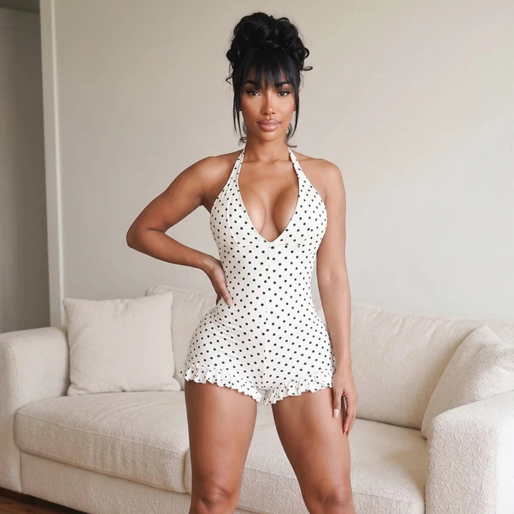 FLARORA Hottie Polka Dot Print Rompers Woman Sexy Halter V Neck Bandage Backless Skinny Ruched Playsuits Sweet Trend Streetwear