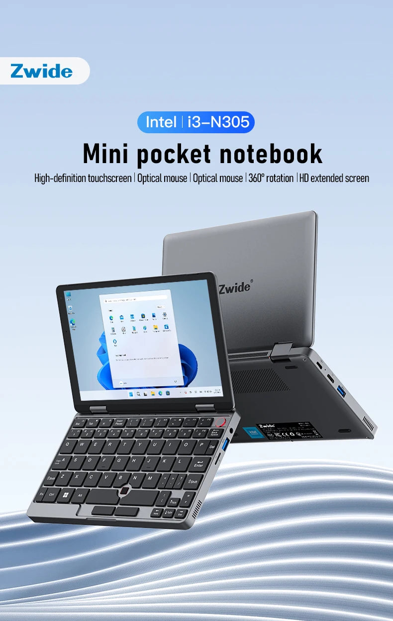 Zwide pocket book N8 Pro Intel i3-N305 touch screen 8 inch IPS 1920x1200 pixels FHD 16GB LPDDR5 mini notebook 360° flip yoga
