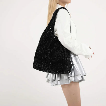 Tote Bag for Women Sequin Shoulder Bag Trendy Hobo Bag Luxury Designer Handbag Slouchy Underarm Bag for Work Travel Shopping
