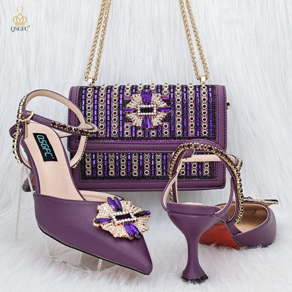 QSGFC High Quality Women's Pumps And Bag Silver Color Full Of Rhinestones High-Grade Materials For Nigerian Wedding Party