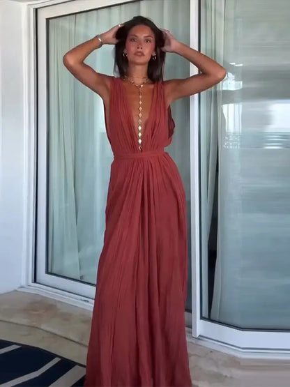 Sexy Women's Jumpsuit Deep V-neck Sleeveless Wide Leg Female Solid Jumpsuits 2026 Summer Fashion Chic Beach Vacation Lady Outfit