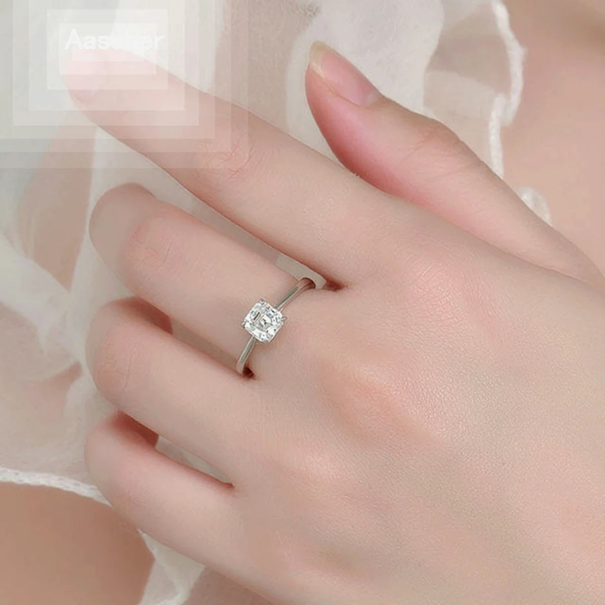Genuine S925 Sterling Silver 1CT 6mm Asscher Cut Moissanite Sparkling Brilliant Cut Elegant Ring for Women Wedding Engagement An