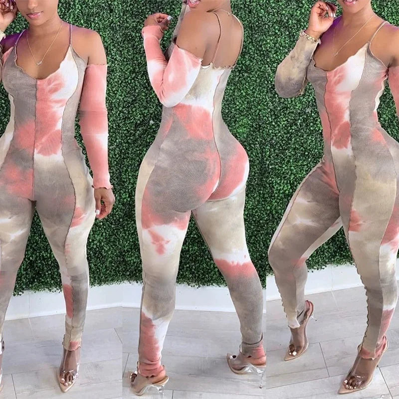 Foreign trade tie-dye print deep V-neck sexy camisole long-sleeved jumpsuit for women