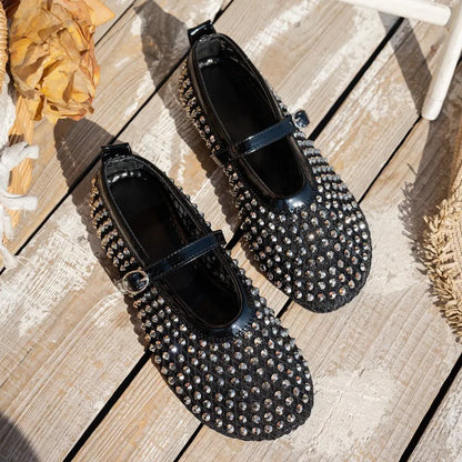 Women's Mary Jane Shoes Luxury Brand Casual Single Shoes Women's Rhinestone Plus Size Womens Round Head Buckle Beach Flat Shoes
