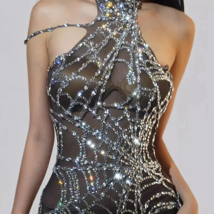 Sexy Full Diamond Long Sleeved Jumpsuit Ballroom Pole Dancer Performance Outfit Fashionable Club Suit Women's Photography