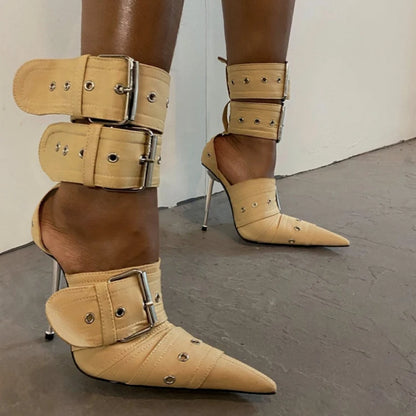 New Women Denim Metal Rivet Buckle Sandals Women Sexy Punk Style Pointed Hollow Metal 11cm High Heel Knee High Boots Size34-43