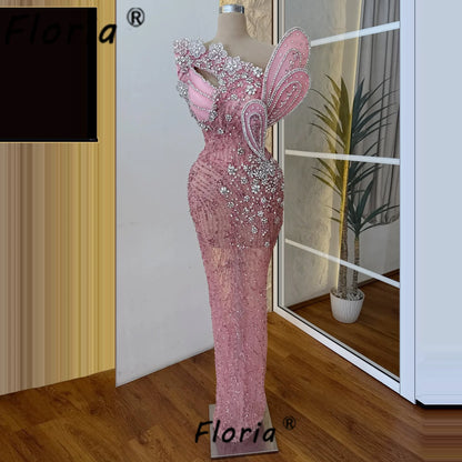 Luxury Pink Wedding Dress Beaded Crystal Appliques 3D Mermaid Bride Party Gowns Prom Customized African Woman Vestidos De Gala
