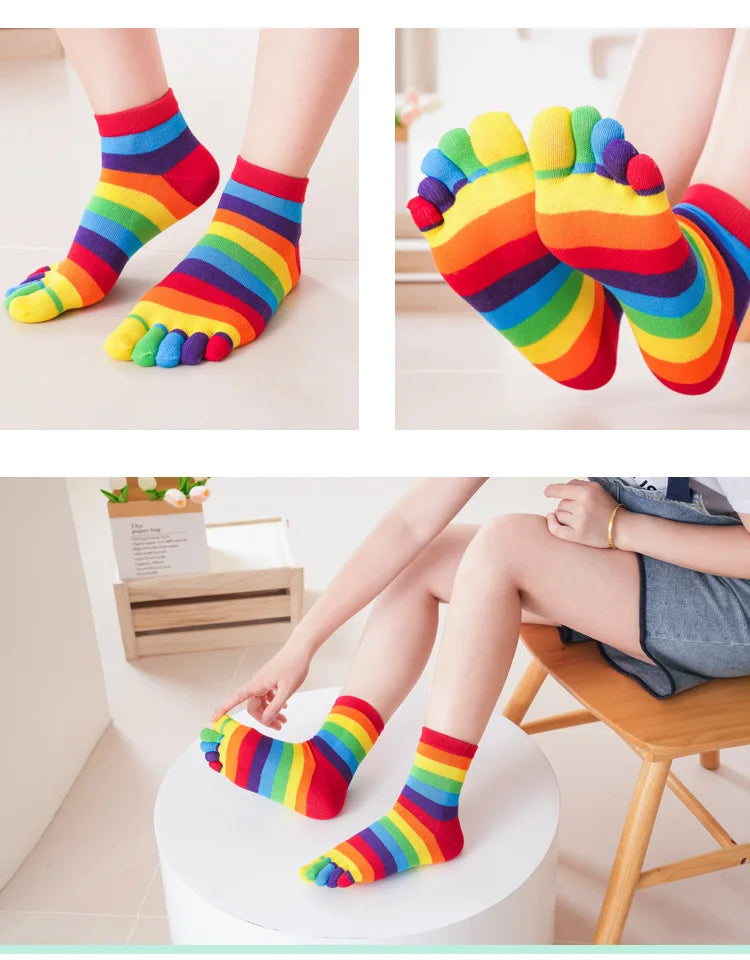 Split Toe Rainbow Socks Woman Lady Girls Colorful Striped 5 Finger Socks Cotton Bright Color Young Fashion Happy Socks with Toes