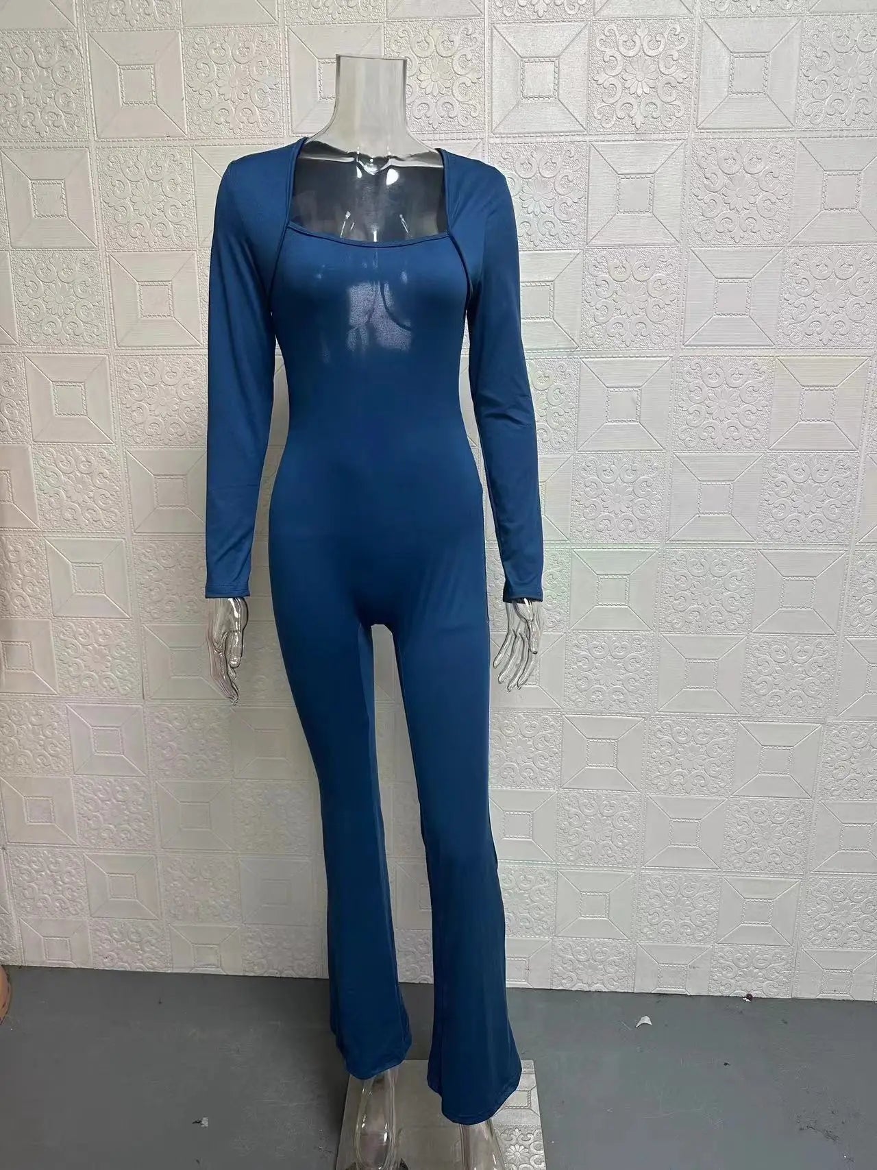 Foreign Trade Women's Long Sleeved Waist Cinching and Waist Lifting Square Collar Wide Leg High Elastic Jumpsuit