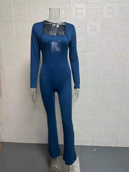 Foreign Trade Women's Long Sleeved Waist Cinching and Waist Lifting Square Collar Wide Leg High Elastic Jumpsuit