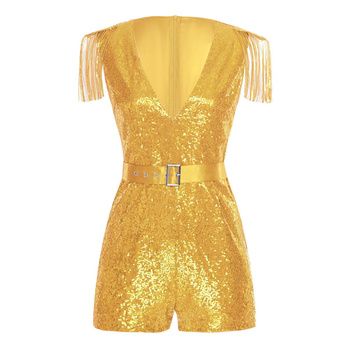 Women Sequined Unitard Fashion Short Romper Belted Tassels Jumpsuits Clubwear Sleeveless Sparkly Rave Disco Club Party Costume